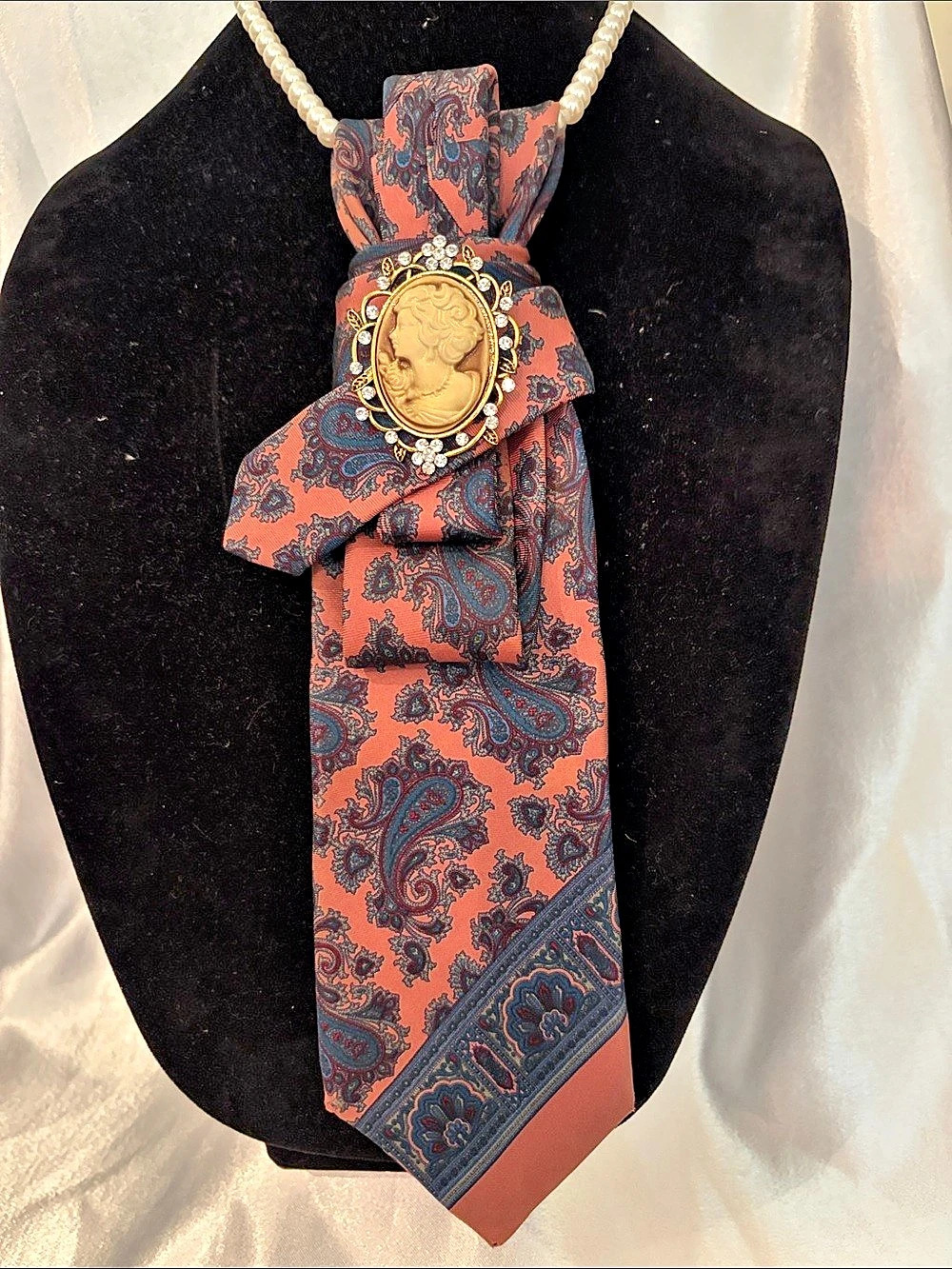Vintage Yves Saint Laurent Paisley Look with Cameo Brooch Necklace Tie in Brown